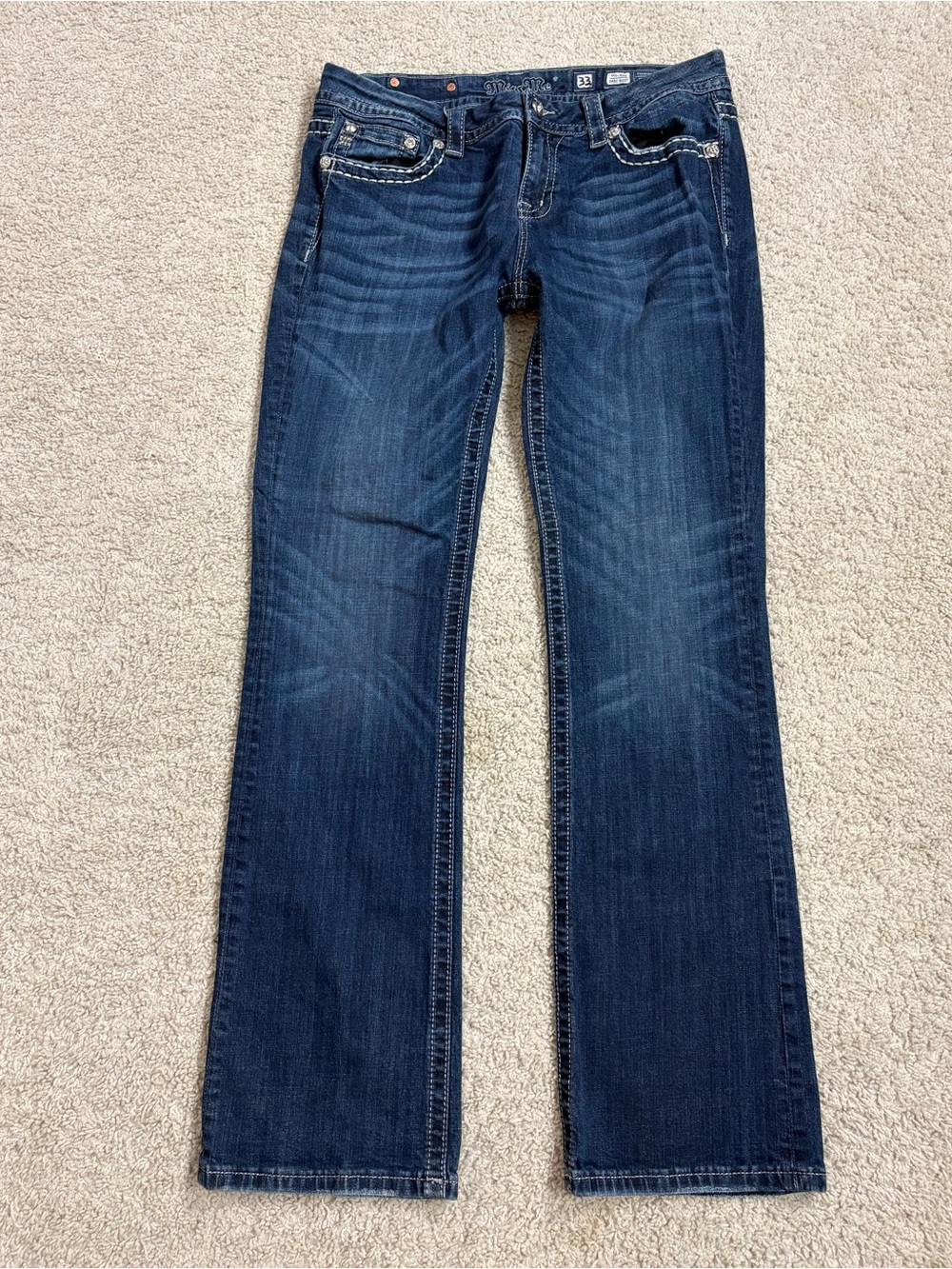 Womens MISS ME Mid Rise Easy BOOT CUT Flap Pocket JEWELED Stretch Denim JEANS 33 - Picture 2 of 7